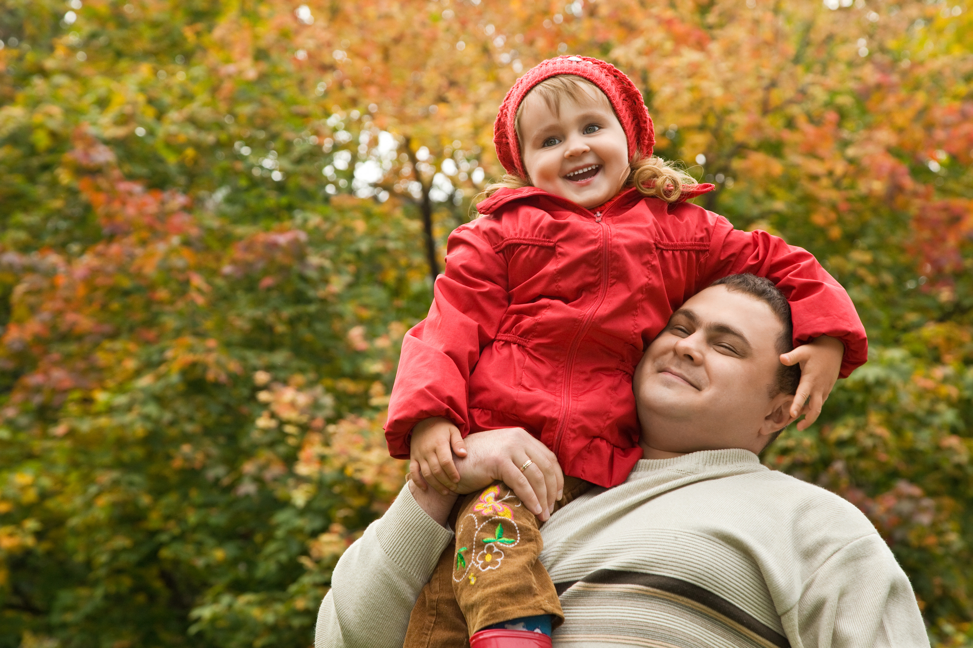 little girl sits on shoulder at man In park in autumn